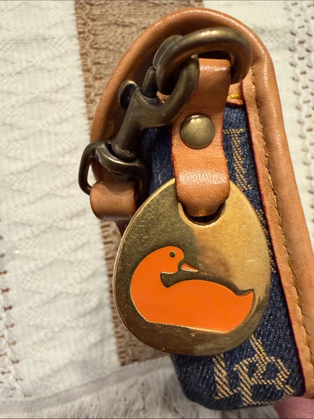 Dooney & Bourke Denim Monogram Wristlet with Tan Leather Trim